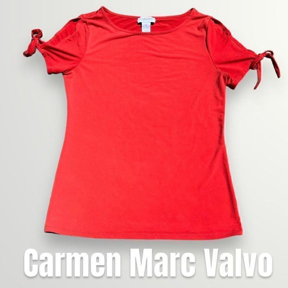 Carmen Marc Valvo, Cold Shoulder Tied Sleeves T-Shirt Rust Orange, Women’s Small